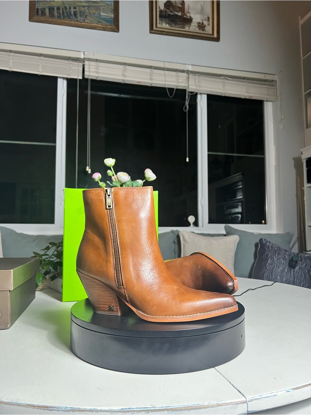 Sam Edelman Cognac Leather Western Ankle Booties with Side Zip